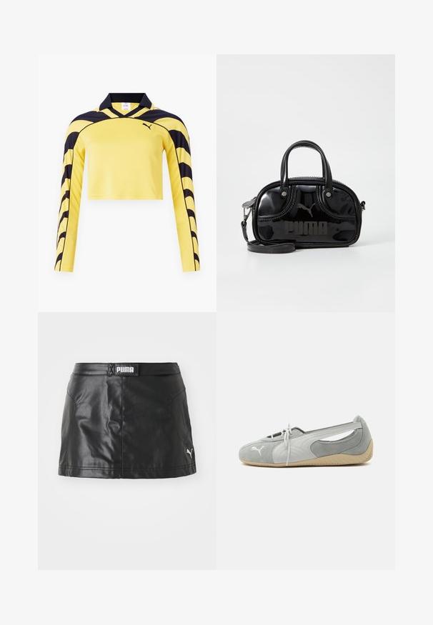 Kollane lühikeste varrukatega jersy mustade aktsentidega, polo kaelusega ja tekstuurse pinnaga, millel on dünaamiline triibumuster. Sisaldab Puma logo.; Must musta kunstnahast seelik, millel on sile tekstuur, PUMA logo vööl ja väike logo allservas.; Helehall Puma seemisnahast madala tallaast king valge logoga, paeladega ees, lõigatud külgedega ja beežikate tekstuuridega tallaga, näidatud väljastpoolt.; Must mustaga nahk käekott, millel on kaks ülemist sangad, eemaldatav õlavarre rihm, ümar kuju ning silmapaistvalt reljeefne "PUMA" logo.