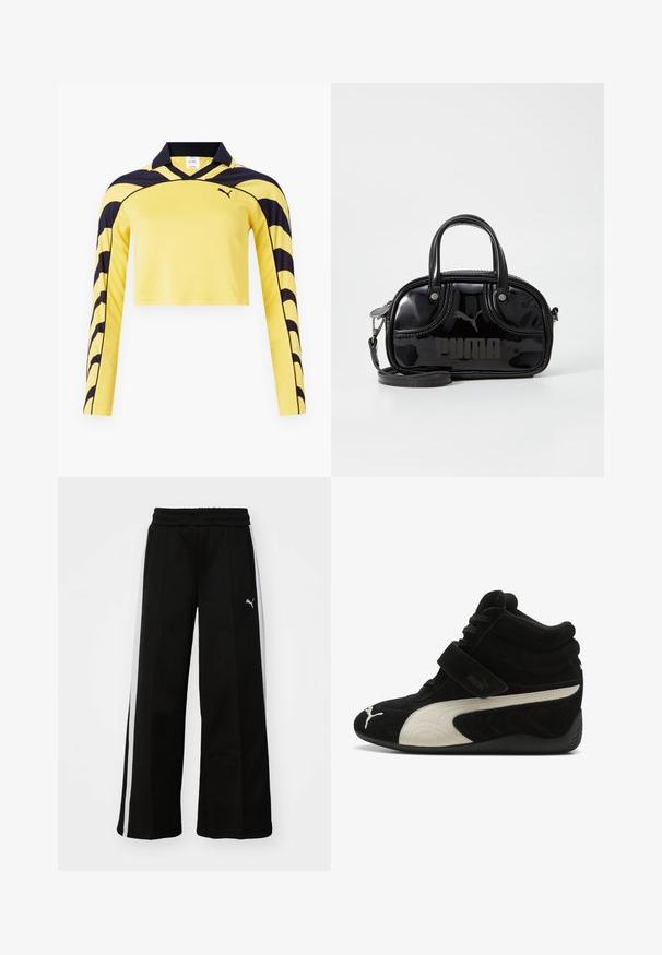 Gul, cropped langærmet trøje med sorte accenter, pæn krave og en tekstureret overflade med et dynamisk stribe mønster. Puma-logo inkluderet.; Sorte bukser med vide ben, elastisk talje, lodrette hvide striber, sidelivlommer og et lille logo på låret.; Sort højtop sneaker med hvid Puma-stribe, velcrolukning og snørebånd, med blødt polstret ankelkrave og tekstureret sål.; Sort lakeret håndtaske med dobbelte top-håndtag, aftagelig skulderrem, rund form og et fremtrædende præget "PUMA"-logo.