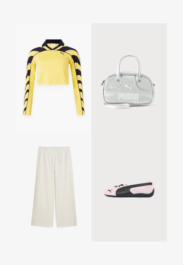 Jersey jaune à manches longues raccourcies avec des accents noirs, un col polo et une surface texturée présentant un motif de rayures dynamiques. Logo Puma inclus.; Pantalons larges beiges avec une taille élastique, des fermetures à pression sur le côté et un petit logo à l'avant. Fabriqués dans un matériau léger et lisse.; Ballerine Puma rose clair et noire avec logo noir sur la pointe et semelle texturée, vue de profil latéral sur fond uni.; Petit sac à main Puma argent métallisé avec deux poignées supérieures, une longue bandoulière, logo sur le devant et fermeture zippée sur fond uni clair.