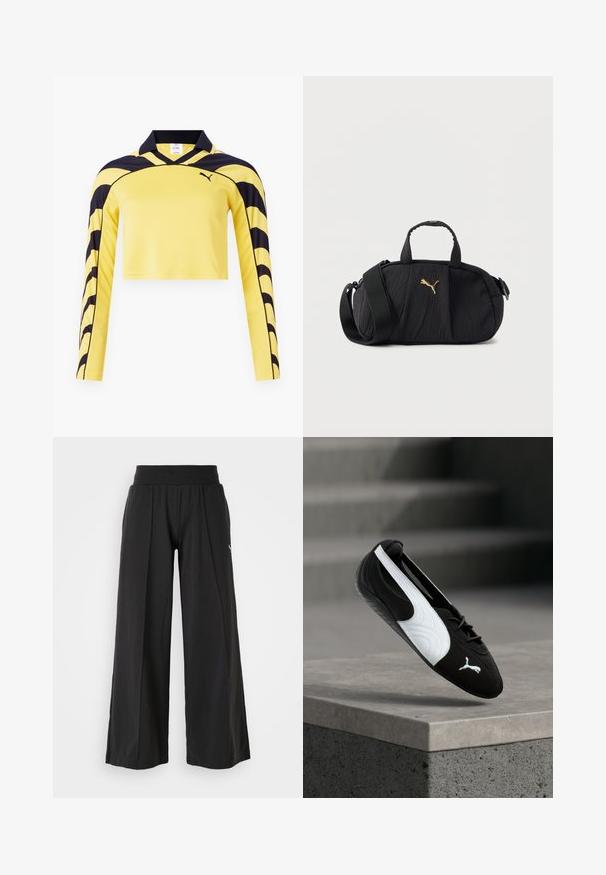 Kollane lühikeste varrukatega jersy mustade aktsentidega, polo kaelusega ja tekstuurse pinnaga, millel on dünaamiline triibumuster. Sisaldab Puma logo.; Mustad laiad püksid, millel on struktureeritud kangas, elastne vöökoht ja PUMA logo aktsent. Lihtne disain ja mugav sobivus.; Must-valge Puma toss paeltega, mis hõljub betoonserva kohal, taustaks ähmane hall trepp.; Mustast tekstuuriga õlakott ülaosale käepidemetega, lai reguleeritav rihm ja ees keskel väike kuldne Puma logo.