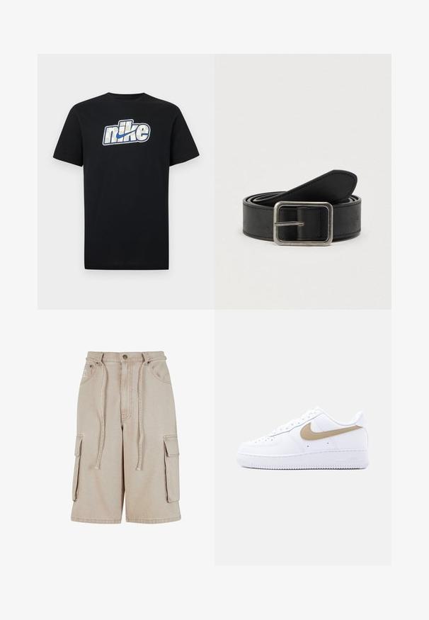 Musta lyhythihainen T-paita, jossa suuri valkoinen ja sininen Nike-logo ja swoosh rinnan keskellä.; Beige cargo shorts yang terbuat dari katun dengan pinggang tali, dua saku samping, dan satu saku samping, menampilkan detail jahitan yang terlihat.; Valkoinen matalakorkoinen Nike Air Force 1 -lenkkari, jossa on beige swoosh-logo, rei'itetty kengänkärki ja valkoinen kumipohja yksinkertaisella vaaleanharmaalla taustalla.; Musta nahkavyö hopeanvärisellä metallisoljella, jossa on sileä pinta ja yksinkertainen, klassinen muotoilu.