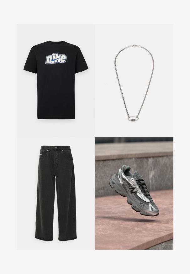 Schwarzes kurzärmliges T-Shirt mit einem großen weißen und blauen Nike-Logo und Swoosh, mittig auf der Brust.; Obey Clothing BIGWIG BAGGY - Baggy Jeans - black; Grauer und silberner New Balance Sneaker mit der Aufschrift "1000", der über einer rosa-steinernen Oberfläche vor einem grauen Steinmauer-Hintergrund schwebt.; Silberne Halskette mit einem glatten ovalen Verschluss und einer strukturierten Akzentuierung. Die Glieder sind gleichmäßig und poliert, was ein elegantes Erscheinungsbild erzeugt.