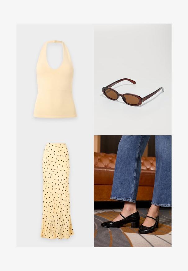 Top halter sin mangas de punto acanalado en amarillo pálido con escote pronunciado y cintura ajustada.; Falda larga de color amarillo claro con lunares marrón oscuro dispersos y un ligero vuelo en el dobladillo.; Zapatos de charol negros con punta afilada, tacón cuadrado y correa en el tobillo, llevados con jeans de pierna ancha, sobre una alfombra estampada.; Gafas de sol redondas con tinte marrón y un marco burdeos brillante. Patillas delgadas con un sutil detalle de marca. Diseño de lentes planos.