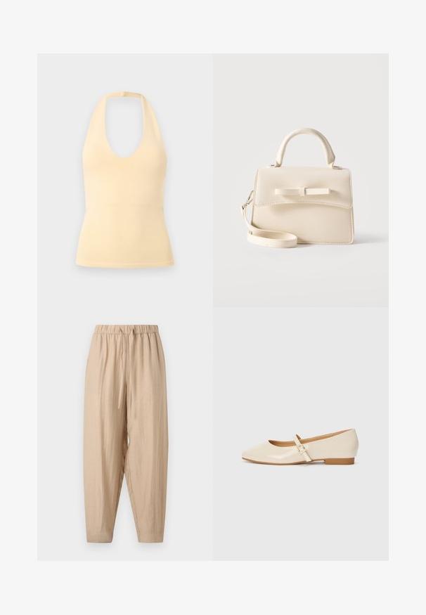 Ærmeløs ribstrikket haltertop i bleg gul med dyb rund halsudskæring og tætsiddende talje.; Beige løstsiddende bukser med elastisk talje og snøre, lavet af let tekstureret stof med tilspidsede ben.; Beige patentlæder balletflade med firkantet tå, lille hæl og justerbar ankelrem med guldspænde accent.; Lille beige håndtaske med top-håndtag, aftagelig rem, forreste klap og dekorativ vandret sløjfe på en ensfarvet baggrund.