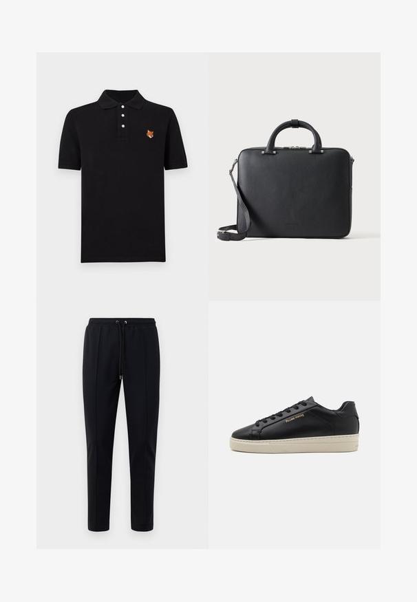 Schwarzes Poloshirt aus Baumwolle, mit einer Drei-Knopf-Leiste und einem gestickten Fuchs Kopf auf der linken Brust. Kurze Ärmel, klassischer Schnitt.; Schwarze Jogginghosen aus weichem, elastischem Material. Mit einem elastischen Bund und Kordeln sowie schmal zulaufenden Beinen. Keine sichtbaren Muster.; Schwarze Leder-Sneaker mit glatter Oberfläche, kontrastierender cremefarbener Sohle, abgerundeter Spitze, goldfarbenem Logo an der Seite und sechs Ösen für die Schnürsenkel.; Schwarze, strukturierte Leder-Aktentasche mit Doppelgriffen, abnehmbarem Schulterriemen und oberem Reißverschlussverschluss auf hellem, einfarbigem Hintergrund.
