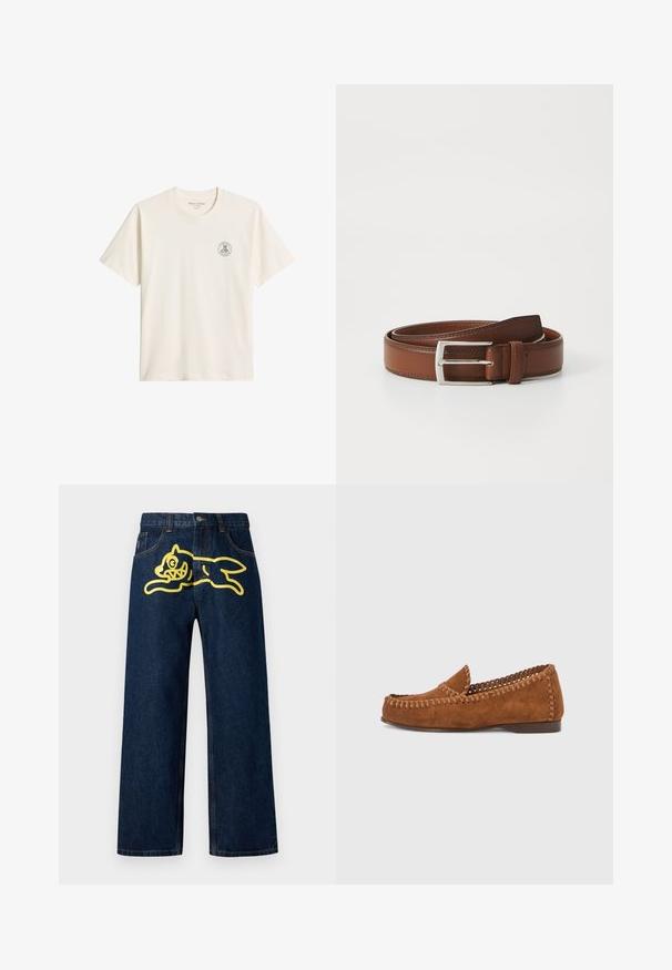 Off-white T-shirt med korte ærmer, rund hals og lille cirkulært "M OP" logo på venstre bryst.; Mørkeblå denim jeans med et stort gult grafisk motiv af en springende karakter på baglommen. Lige ben design med standard syninger.; Brune ruskindsloafers med rundet tå, syningsdetaljer langs kanterne og en lavprofilsål. Blød tekstur med minimale designelementer.; Brun læderbælte med en glat overflade, præget af en sølvfarvet metalspænde og diskret syning langs kanterne. Klassisk og holdbart design.