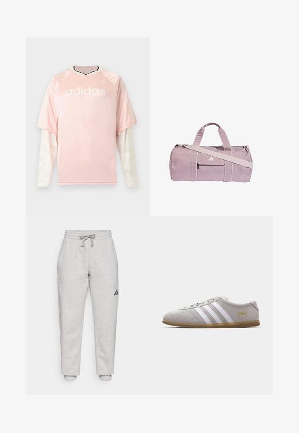 Lyserød Adidas langærmet trøje med hvide mønstrede mesh-ærmer og Adidas-logo på brystet mod en grå baggrund.; Lys grå sweatpants med elastisk talje og snøre. Manchetter ved anklerne. Sort logo detalje på venstre ben. Blødt bomuldsstof.; Grå suedestøvle med hvide læderstriber og guldlogo-detalje. Flad gummisål, rund tå og klassisk snølukkedesign.; Lyse lilla sportstaske lavet af skinnende materiale, med to håndtag, en aftagelig skulderrem og en frontlynlåslomme med logo.