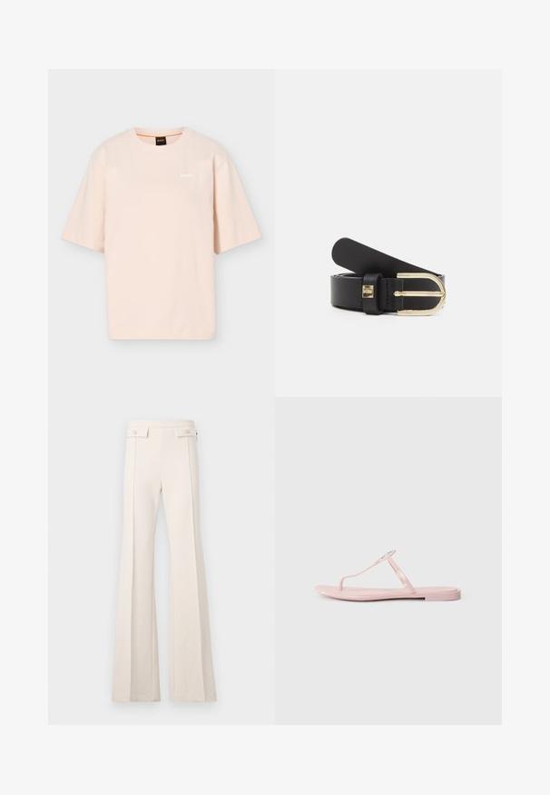 Lys beige T-shirt med korte ærmer og rund hals, med lille hvid "BOSS"-logo på venstre bryst og sort nakkemærke med orange detalje.; Højtaljede creme bukser med brede ben, detalje med søm foran og klaplommer med knapper i taljen.; Pink flip-flop sandal med flad sål, T-strop design og klare rhinestones ved tåkappen. Lavet af glat plastikmateriale.; Sort læderbælte med en spænde i guldtonet metal, der har en glat overflade og en justerbar længde. Indeholder en lille hardwaredetalje nær spændet.