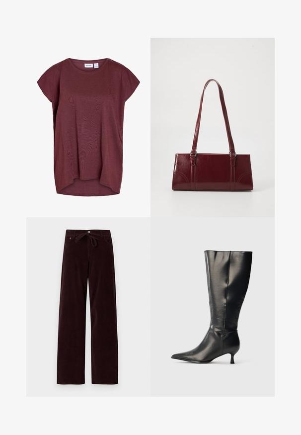 Top manches courtes, coupe ample, de couleur rouge foncé avec un col rond et un ourlet arrière légèrement plus long.; Pantalons en velours côtelé bordeaux foncé à coupe décontractée, avec une taille à nouer et des poches avant. La texture est côtelée et le tissu semble doux.; Botte en cuir noire montant jusqu'au genou, avec un bout pointu et un petit talon bas, présentée sur un fond clair uni.; Sac à main bordeaux en matériau brillant, de forme rectangulaire, avec deux anses et des accents légèrement courbés à l'avant.