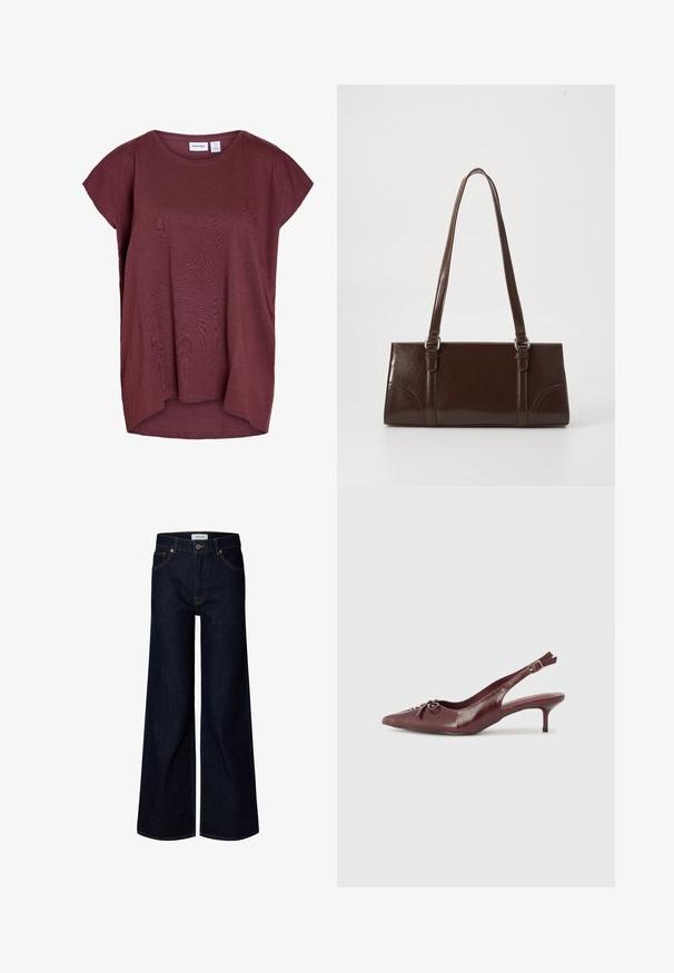 Kortærmet løstsiddende top i mørkerød med rund halsudskæring og let længere bagkant.; Mørkeblå bredbenede denimjeans med frontknap og lynlås, bæltestropper og frontlommer, vist på en hvid baggrund.; Bordeaux læder slingback hæl med spidse tå, justerbar rem og dekorativ sløjfedetalje foran. 7,5 cm hælhøjde.; Brun lakeret håndtaske med rektangulær form, to lange håndtag og subtile buede detaljer på fronten.