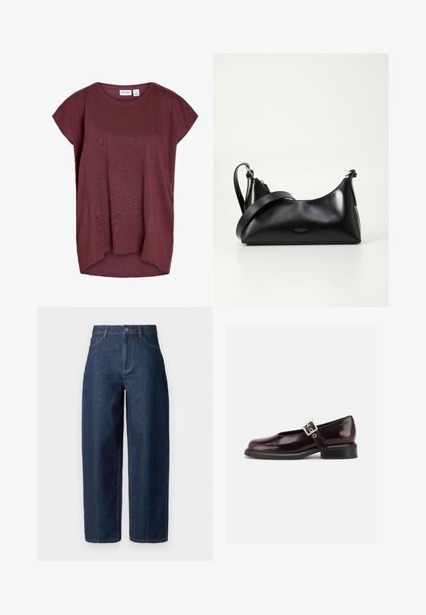 Top manches courtes, coupe ample, de couleur rouge foncé avec un col rond et un ourlet arrière légèrement plus long.; Jeans en denim bleu foncé taille haute, à jambe droite, avec fermeture à boutons, passants de ceinture, et poches avant et arrière, sur fond blanc.; Chaussure Mary Jane unique brillante couleur bordeaux foncé avec une large bride et une boucle argentée, talon bloc bas et bout arrondi sur fond blanc.; Sac à main en cuir noir avec une texture lisse. Dispose d'une bandoulière adjustable et d'un design élégant et minimaliste avec une fermeture éclair.