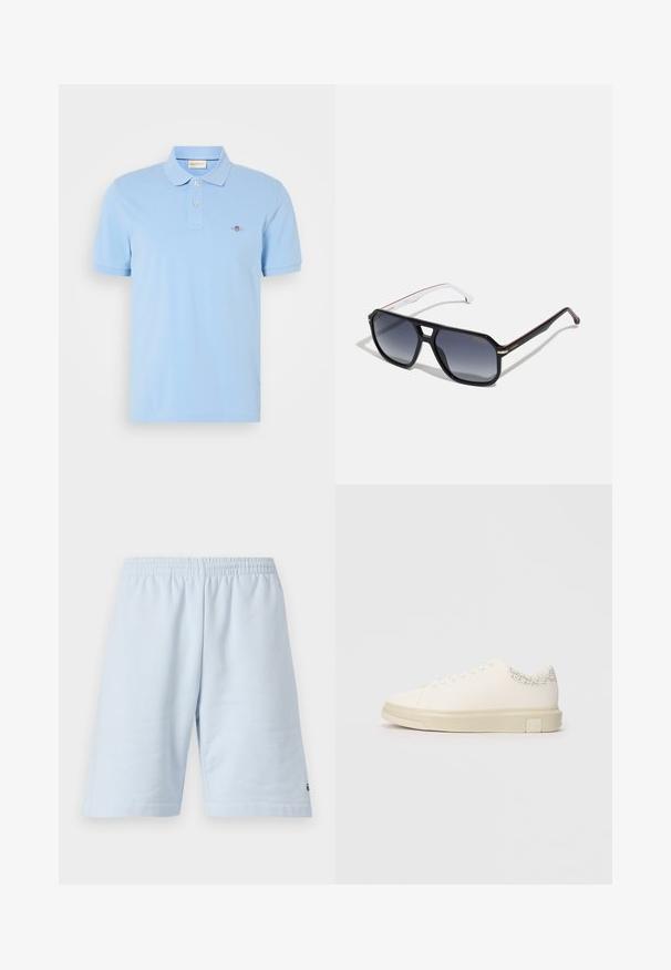 Hellblaues Polohemd aus Baumwolle mit klassischem Kragen, zwei Knopfleiste und kleinem gesticktem Logo auf der Brust.; Helle blaue Baumwollshorts mit elastischem Bund. Einfaches, einfarbiges Design und offener Saum. Logo-Verzierung am unteren Saum.; Weißer Sneaker mit einem glatten Obermaterial aus Canvas, flachen Schnürsenkeln, gepolstertem Kragen und einem strukturierten grauen Akzent an der Rückseite. Chunkige Gummisohle.; Schwarze übergroße Sonnenbrille mit grau verlaufenden Gläsern, kantigem Design, goldenen Akzenten auf dem Rahmen und weißen sowie roten gemusterten Bügeln.