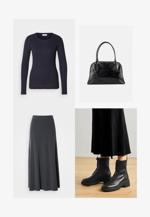 Top de manga larga de canalé en color navy con cuello redondo. Hecho de una tela suave, presenta un diseño ajustado y una textura sutil en toda su superficie.; Larga falda maxi de color gris oscuro, hecha de tela suave y elástica. Presenta una cintura alta y un diseño fluido, con costuras laterales sutiles para darle forma.; Botas de tobillo de cuero negro con suela de plataforma gruesa y cremallera delantera. Textura suave con un diseño minimalista.; Bolso de cuero negro con dos asas superiores redondeadas y un bolsillo delantero ligeramente curvado, mostrado sobre un fondo liso y claro.