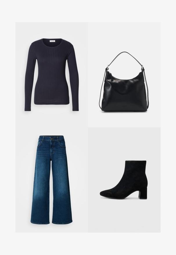 Marineblå langærmet ribbet top med rund hals. Fremstillet af blødt stof, har den et tætsiddende design og en subtil tekstur hele vejen igennem.; Viddejeans lavet af mørkeblå denim. Har høj talje, knaplukning og klassisk fem-lomme design med subtile falme.; Sorte suede ankelstøvler med spidse tæer og en lav blokhæl, med en glat overflade og minimalistisk design.; Ung kvinde med langt sort hår sidder på en træklods iført en cremet outfit og holder en sort læder skuldertaske over brystet.