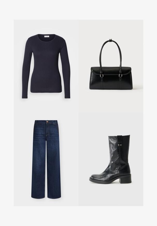 Haut à manches longues côtelé bleu marine avec un col rond. Fabriqué en tissu doux, il présente une coupe ajustée et une texture subtile sur l'ensemble.; Jeans en denim bleu foncé à jambes larges avec poches avant, fermeture par boutons et légère décoloration sur les cuisses à l'avant.; Bottine en cuir noir avec un bout arrondi, un talon empilé modeste et un onglet décoratif sur le côté. Le matériau a une finition lisse et polie.; Sac à main rectangulaire en cuir noir avec fermeture à rabat et deux longues anses sur fond blanc uni.