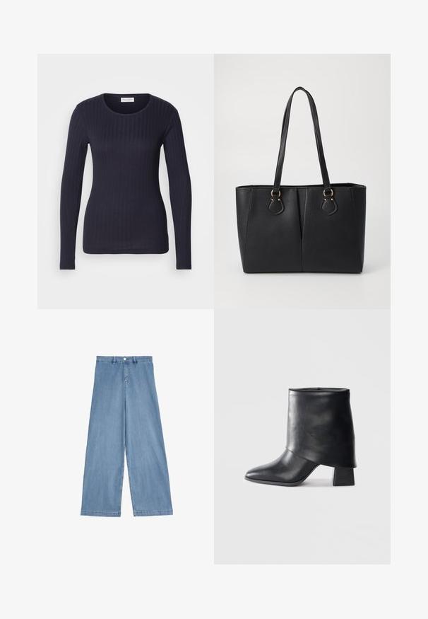 Marineblauwe ribbel top met lange mouwen en een ronde hals. Gemaakt van zachte stof, heeft het een aansluitend ontwerp en subtiele textuur over het hele oppervlak.; Lichtblauwe wijde denimjeans. Met een hoge taille, voorknopsluiting en recht gesneden benen met een schone zoom.; Zwarte leren enkellaars met een spitse neus, een zachte textuur en een gestructureerde blokhak. Kenmerkt zich door een hoge, gevouwen kraag.; Zwarte neplederen tote bag met een gestructureerde afwerking, twee lange handvatten en goudkleurige hardware-accenten aan de zijkant. Rechthoekige vorm.
