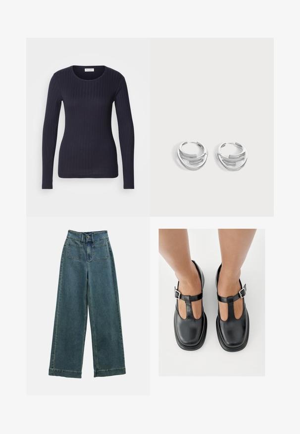 Top de manga larga de canalé en color navy con cuello redondo. Hecho de una tela suave, presenta un diseño ajustado y una textura sutil en toda su superficie.; Pantalones de mezclilla de pierna ancha en azul desteñido, con una cintura alta, dos bolsillos frontales y un cierre clásico de botón. La tela tiene una textura suave y lisa.; Zapatos de cuero negro con diseño de correa en T, punta cerrada y detalles de hebilla plateada. Textura lisa con punta redondeada y suela plana.; Par de pendientes de aro plateados pulidos con diseño de barra curva en capas sobre un fondo claro y liso.