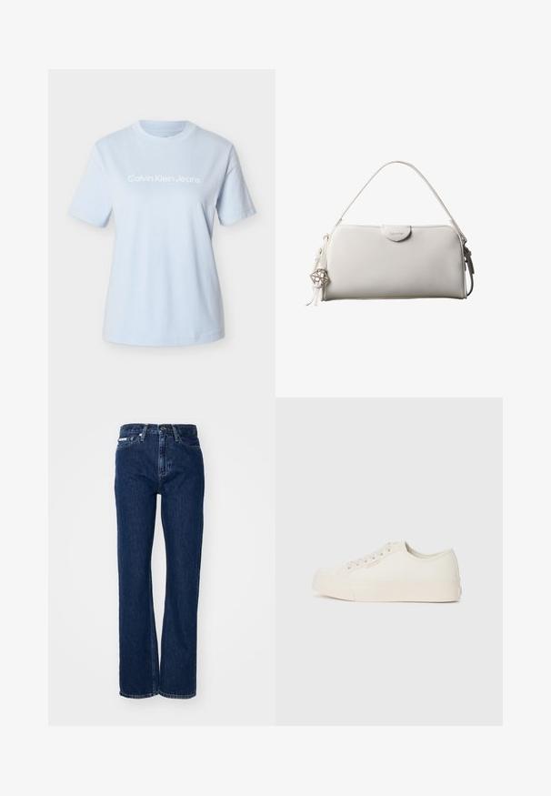 Svetlomodré bavlnené tričko s krátkymi rukávmi a okrúhlym výstrihom, na ktorom je výrazne zobrazené biele logo "Calvin Klein Jeans".; Tmavomodré denimové nohavice s rovnými nohavicami, zapínanie na gombík a piatimi vreckami. Táto tkanina má miernu štruktúru s jemnými šitými detailmi.; Tenisky vyrobené z off-white plátna, s nízkym strihom, okrúhlou špičkou a plochou gumovou podrážkou so jemným stehom.; Biela obdĺžniková kabelka Calvin Klein s jedným rúčikom, minimalistickým dizajnom a dekoratívnymi strapcami s geometrickým kovovým príveskom na boku.