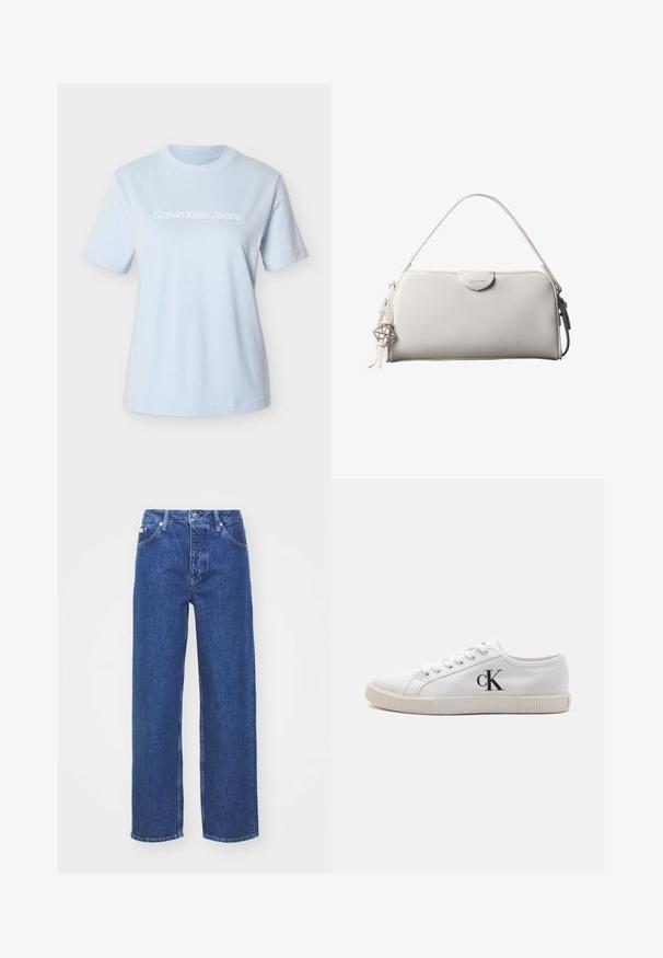 Svetlomodré bavlnené tričko s krátkymi rukávmi a okrúhlym výstrihom, na ktorom je výrazne zobrazené biele logo "Calvin Klein Jeans".; Modré denimové nohavice so širokými nohavicami a vysokým pásom, so zipsom a zapínaním na gombík, pútkami na opasok a jemným vyblednutím látky.; Biele plátené tenisky s nízkym dizajnom, s gumovou podrážkou a čiernym logom "CK" na boku. Šesť dierok so bielymi šnúrkami.; Biela obdĺžniková kabelka Calvin Klein s jedným rúčikom, minimalistickým dizajnom a dekoratívnymi strapcami s geometrickým kovovým príveskom na boku.