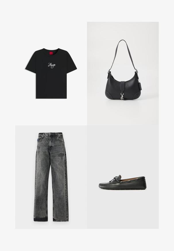 Zwarte katoenen t-shirt met een ronde halslijn en korte mouwen. Opvallend wit geborduurd "Hugo" logo op de voorkant.; Zwarte denim jeans met wijde pijpen, een vervaagde wassing, verweringdetails aan de voorkant en een standaard vijf-pocketontwerp.; Zwarte leren bootshoe met een ronde neus, gestikte details, een kleine strikaccent en een rubberen zool. Soepele textuur en gestroomlijnd ontwerp.; Zwarte leren handtas met een gebogen vorm, bovenhandvat, zilveren hardware en contrasterende stiksels. Bevat een voorstrap en stikselaccenten.