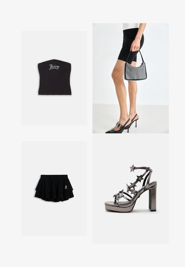 Top court noir ajusté avec une texture lisse et un décolleté arrondi, orné de lettres en strass épelant "Juicy" à l'avant.; Mini-jupe noire à volants avec taille élastique et petit logo blanc sur le côté droit, présentée sur un fond clair uni.; Sandale métallique à talon haut avec semelle plateforme et plusieurs brides décorées d’embellissements en forme d’étoile et boucle à la cheville.; Sac à main à perles noires avec une silhouette courbée, une poignée de transport et une texture brillante. Porté avec des chaussures à talons hauts noires et un short noir ajusté.