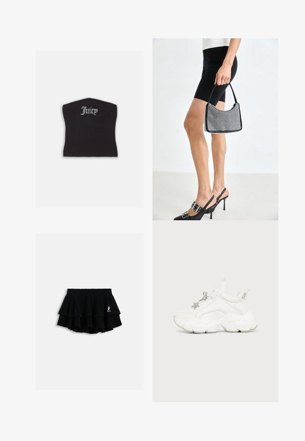Top court noir ajusté avec une texture lisse et un décolleté arrondi, orné de lettres en strass épelant "Juicy" à l'avant.; Mini-jupe noire à volants avec taille élastique et petit logo blanc sur le côté droit, présentée sur un fond clair uni.; Baskets blanches épaisses avec semelle épaisse, devant à lacets, décorations en étoile argentée et perles sur les lacets et la languette du talon.; Sac à main à perles noires avec une silhouette courbée, une poignée de transport et une texture brillante. Porté avec des chaussures à talons hauts noires et un short noir ajusté.
