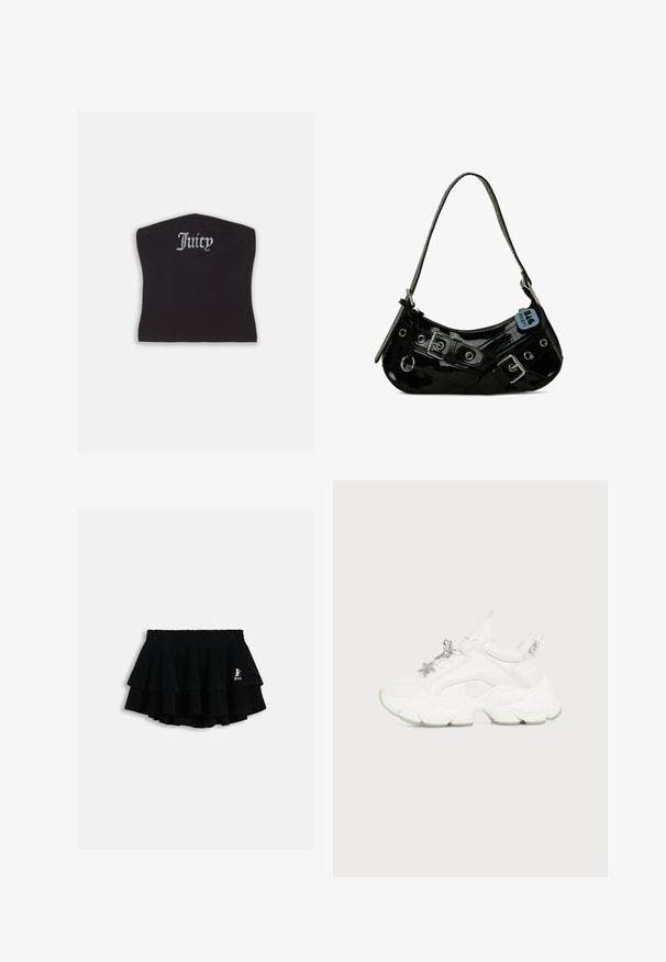 Top court noir ajusté avec une texture lisse et un décolleté arrondi, orné de lettres en strass épelant "Juicy" à l'avant.; Mini-jupe noire à volants avec taille élastique et petit logo blanc sur le côté droit, présentée sur un fond clair uni.; Baskets blanches épaisses avec une semelle texturée épaisse, des breloques argentées en forme d'étoile et de papillon sur les lacets, et des clous argentés sur la languette du talon.; Sac à main en cuir verni noir avec une forme incurvée, présentant des ferrures en argent, des boucles décoratives et une bandoulière courte. Étiquette bleue attachée.
