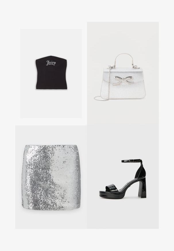 Μαύρο εφαρμοστό crop top με λεία υφή και καμπύλη λαιμόκοψη, διακοσμημένο με γράμματα από ρουμπίνια που γράφουν "Juicy" μπροστά.; Ασημένια μίνι φούστα με παγιέτες που διαθέτει εφαρμοστή σχεδίαση και λεία υφή, αντανακλώντας το φως στην επιφάνειά της για μία λαμπερή εμφάνιση.; Buffalo ALICE NEAT - Ψηλοτάκουνα πέδιλα - black; Μικρή ασημένια τσάντα με επάνω χερούλι, αλυσίδα ιμάντα και διακοσμητικό φιόγκο με στρας στο μπροστινό καπάκι.