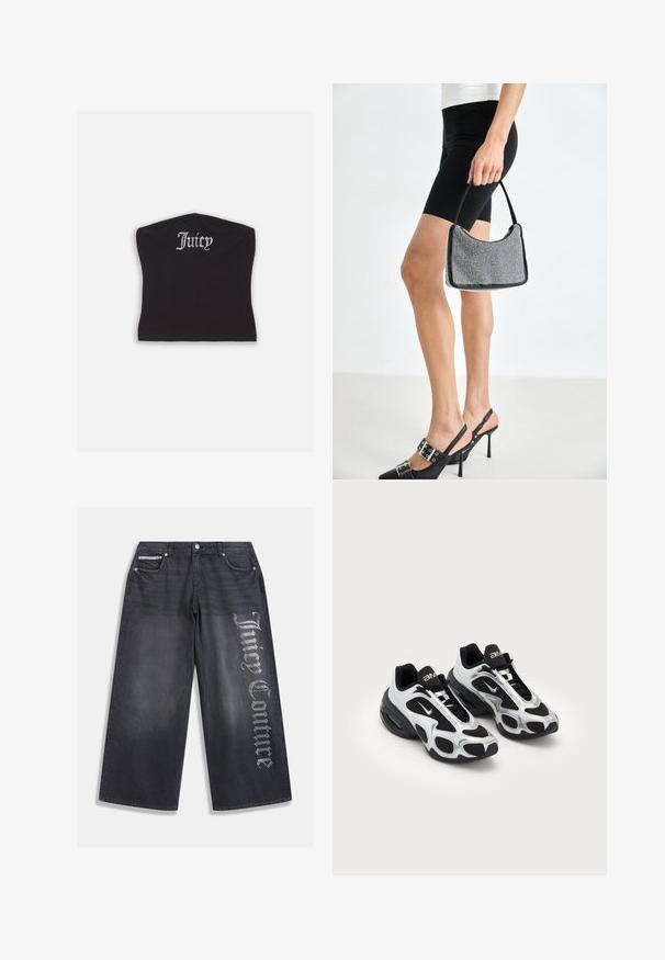 Zwarte fitted crop top met een gladde textuur en een ronde halslijn, versierd met strasstenen letters die "Juicy" op de voorkant spellen.; Zwarte denim jeans met wijde pijpen en een vervaagde textuur, met een rhinestone "Juicy Couture" logo op het linkerbeen en zilverkleurige hardware.; Zwarte en zilveren sportschoenen met een bovenwerk van mesh en synthetisch materiaal, voorzien van een kenmerkend golvend ontwerp en een gevoerde kraag, met luchtkussens in de zool.; Zwarte beaded handtas met een gebogen silhouet, draaghandvat en glanzende textuur. Draagt bij hoge zwarte hakken en strakke zwarte shorts.