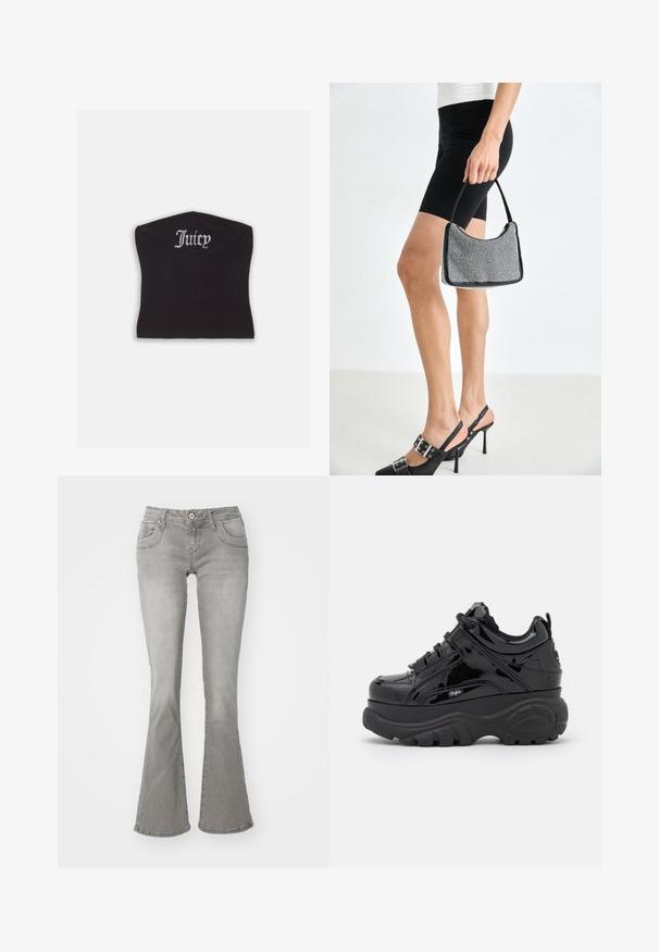 Sort tætsiddende crop top med en glat tekstur og en buet halsudskæring, udsmykket med rhinestones, der staver "Juicy" på forsiden.; Grå flagrende jeans med en middelhøj talje, frontlommer og knaplukning, lavet af denimstof med en glat tekstur.; Sorte platform sneakers med en blank patentfinish, featuring tykke gummisåler, snørebåndsdesign og logo detalje på siden.; Sort perlehandtaske med en buet silhuet, bærehåndtag og blank overflade. Båret med højhælede sorte sko og tætsiddende sorte shorts.