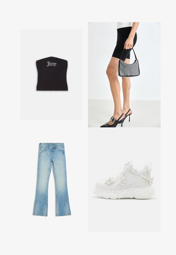 Top court noir ajusté avec une texture lisse et un décolleté arrondi, orné de lettres en strass épelant "Juicy" à l'avant.; Jean en denim bleu clair avec légère décoloration, style bootcut, deux poches avant, une poche ticket et fermeture de taille à double bouton.; Baskets blanches épaisses avec une semelle épaisse et des accents décoratifs de papillons en 3D sur le côté, les lacets et le talon.; Sac à main à perles noires avec une silhouette courbée, une poignée de transport et une texture brillante. Porté avec des chaussures à talons hauts noires et un short noir ajusté.