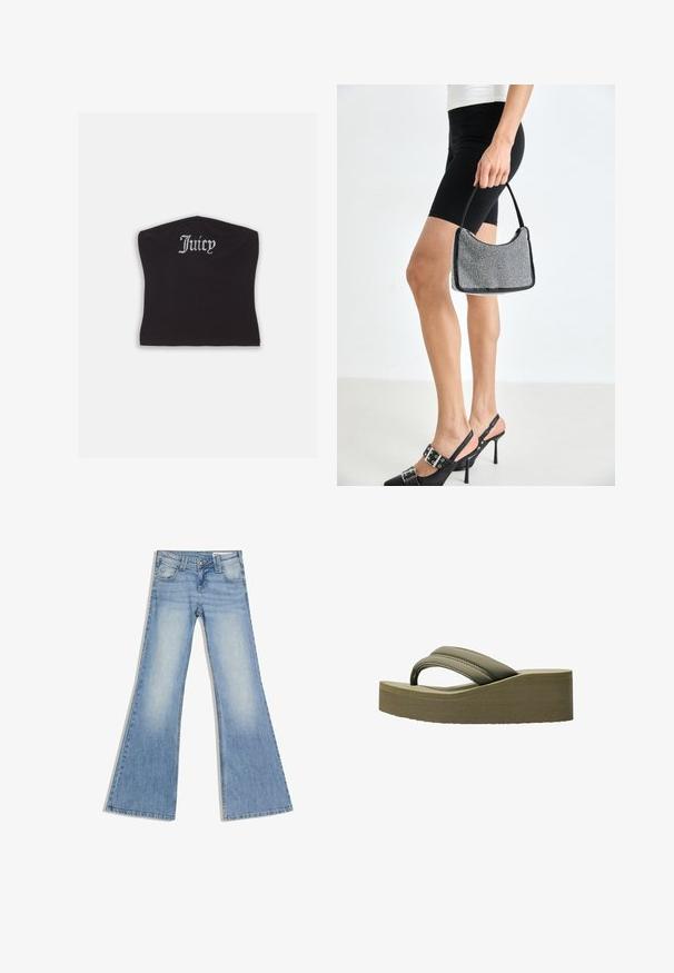 Sort tætsiddende crop top med en glat tekstur og en buet halsudskæring, udsmykket med rhinestones, der staver "Juicy" på forsiden.; Lyseblå cowboybukser med høj talje, forlommer og vide, udvidede ben, lagt fladt på en hvid baggrund.; Olivegrønne platform flip-flops med en bred rem og tekstureret sål, der har en glat overflade og et buet design for komfort.; Sort perlehandtaske med en buet silhuet, bærehåndtag og blank overflade. Båret med højhælede sorte sko og tætsiddende sorte shorts.