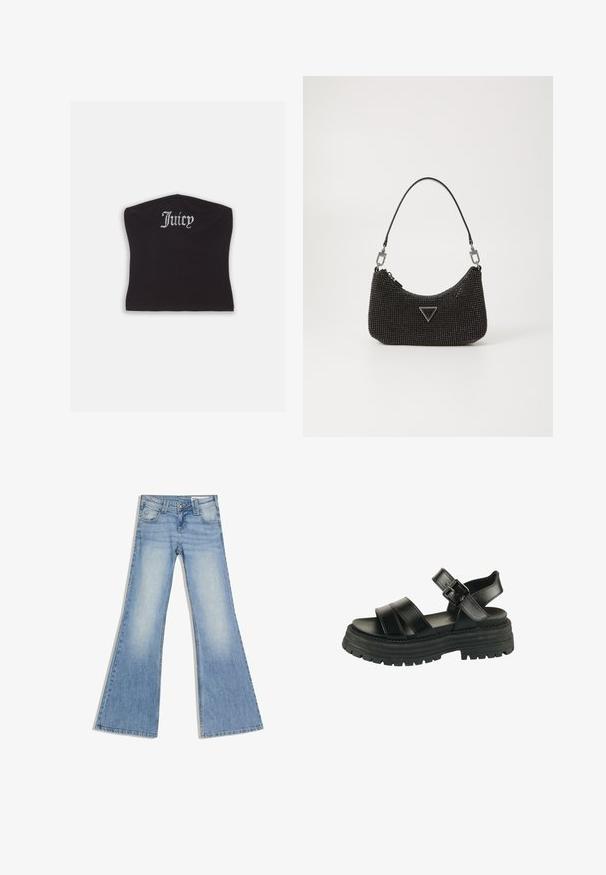 Schwarzes, eng anliegendes Crop-Top mit glatter Textur und abgerundetem Ausschnitt, verziert mit Strassbuchstaben, die "Juicy" auf der Vorderseite spell.; Hellblaue Jeans aus Denim mit hoher Taille, vorderen Taschen und ausgestellten, weiten Beinen, flach auf einem weißen Hintergrund liegend.; Schwarze Sandale mit dicker Sohle, zwei breiten Vorderriemen, Knöchelriemen und silberner Schnalle auf weißem Hintergrund.; Schwarze Perlenhandtasche mit geschwungener Form, ausgestattet mit einem einzigen Ledertragegurt, dreieckigem Logodesign und Reißverschluss.