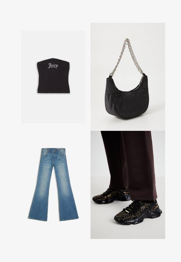 Zwarte fitted crop top met een gladde textuur en een ronde halslijn, versierd met strasstenen letters die "Juicy" op de voorkant spellen.; Blauwe spijkerbroek met uitlopende pijpen, voorzakken en knoopsluiting, afgebeeld tegen een witte achtergrond.; Zwarte sneakers met gouden spikkels, een gestructureerd oppervlak en een stevige zwarte zool. Gekoppeld aan bruine sweatpants met een slim-fit ontwerp.; Juicy Couture KIMBERLY SMALL HOBO - Handtas - black