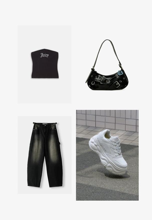 Čierny priliehavý crop top s hladkou textúrou a zakriveným výstrihom, ozdobený kamienkovým nápisom "Juicy" na prednej strane.; Voľné čierne deninové nohavice s vyblednutou textúrou, piatimi vreckami a poutkom na páse. Dizajn sa vyznačuje voľným strihom a rovnými nohavicami.; Biele kožené tenisky s masívnou podrážkou, textúrovanými detailami a šnurovaním. Obsahujú tvarované akcenty a hladký povrch.; Čierna lakovaná kožená taška s zakriveným tvarom, s striebornými kovaniami, dekoratívnymi prackami a krátkym popruhom. Pripojená modrá visačka.