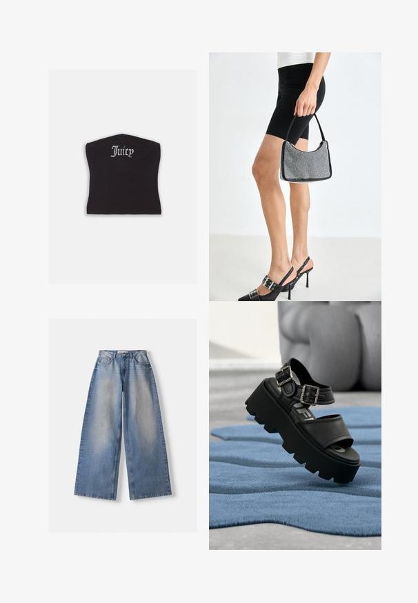 Top court noir ajusté avec une texture lisse et un décolleté arrondi, orné de lettres en strass épelant "Juicy" à l'avant.; Jean en denim bleu à jambes larges, taille haute et détails délavés, posé à plat sur un fond blanc.; Sandale plateforme noire épaisse avec deux boucles argentées sur un tapis bleu texturé, sculpture grise floue en arrière-plan.; Sac à main à perles noires avec une silhouette courbée, une poignée de transport et une texture brillante. Porté avec des chaussures à talons hauts noires et un short noir ajusté.