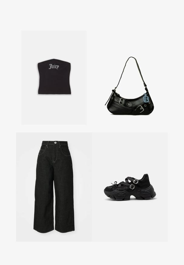 Čierny priliehavý crop top s hladkou textúrou a zakriveným výstrihom, ozdobený kamienkovým nápisom "Juicy" na prednej strane.; Široké čierne džínsy s vysokým pásom, s prednými vreckami, prešitými švami a klasickým zapínaním na gombík. Mäkká textúrovaná tkanina.; Čierna masívna teniska s hrubou podrážkou, dvoma nastaviteľnými pásikmi so striebornými prackami a detailom so šnurovaním vpredu.; Čierna syntetická kabelka s zakriveným tvarom, nastaviteľným popruhom a dekoratívnymi kovovými prackami. Má hladký lesklý povrch.