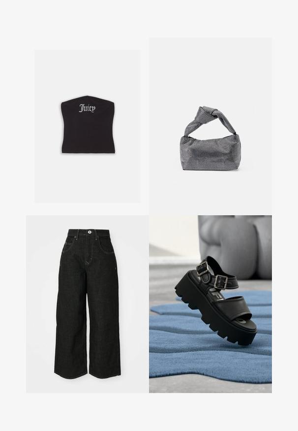 Čierny priliehavý crop top s hladkou textúrou a zakriveným výstrihom, ozdobený kamienkovým nápisom "Juicy" na prednej strane.; Široké čierne džínsy s vysokým pásom, s prednými vreckami, prešitými švami a klasickým zapínaním na gombík. Mäkká textúrovaná tkanina.; Čierna robustná platformová sandála so striebornými dvomi prackami na modrom textúrovanom koberci, v pozadí rozostrená sivá socha.; Čierna a strieborná kabelka s textúrovaným povrchom so vzorom diamantov, s uzlovou rukoväťou a štruktúrovaným tvarom.