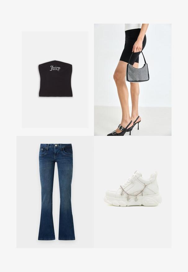 Top court noir ajusté avec une texture lisse et un décolleté arrondi, orné de lettres en strass épelant "Juicy" à l'avant.; Jean bootcut en denim bleu avec poches avant et fermeture par bouton, présenté sur un fond gris clair uni.; Baskets blanches avec une semelle épaisse, tige en cuir texturé et chaîne en métal décorative avec des breloques. Dispose d'un système de laçage et d'un col rembourré.; Sac à main à perles noires avec une silhouette courbée, une poignée de transport et une texture brillante. Porté avec des chaussures à talons hauts noires et un short noir ajusté.