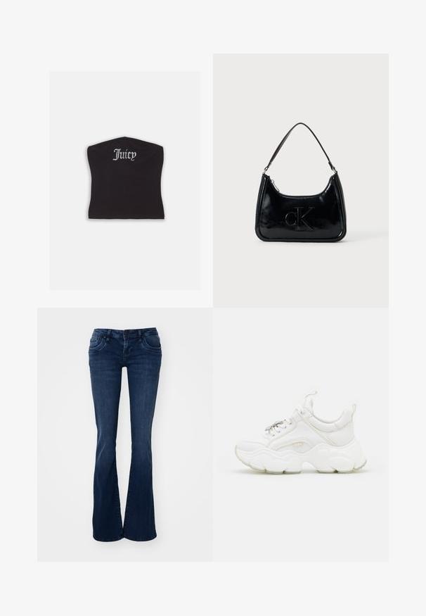 Sort tætsiddende crop top med en glat tekstur og en buet halsudskæring, udsmykket med rhinestones, der staver "Juicy" på forsiden.; Mørkeblå flare jeans lavet af denim, med forlommer, en knaplukning og en glat tekstur.; Hvide chunky sneakers lavet af læder og mesh-materialer, med en tyk sål, rund tå og dekorative snørebånd. Let teksturerede detaljer.; Sort patentlæder håndtaske med et buet topgreb, lynlåsslukning og prægede "cK" logo på fronten. Glat tekstur, struktureret form.