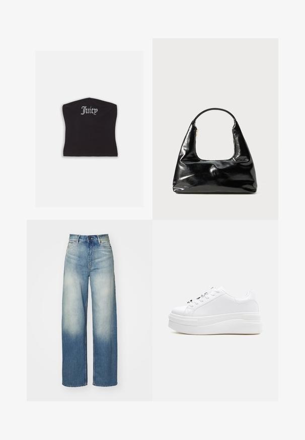 Čierny priliehavý crop top s hladkou textúrou a zakriveným výstrihom, ozdobený kamienkovým nápisom "Juicy" na prednej strane.; Svetlomodré džínsy s širokými nohavicami a vysokým pásom, vyrobené z denimu, so starým gradientom, piatimi vreckami a kovovými doplnkami.; Biela platformová teniska s hrubou podrážkou, šnurovacím predkom a hladkým zvrškom, zobrazená z vnútornej strany na jednoduchom pozadí.; Čierna laková kožená kabelka so polkruhovou rukoväťou, trapézovým tvarom, hladkým povrchom a jedným zipsovým uzáverom.