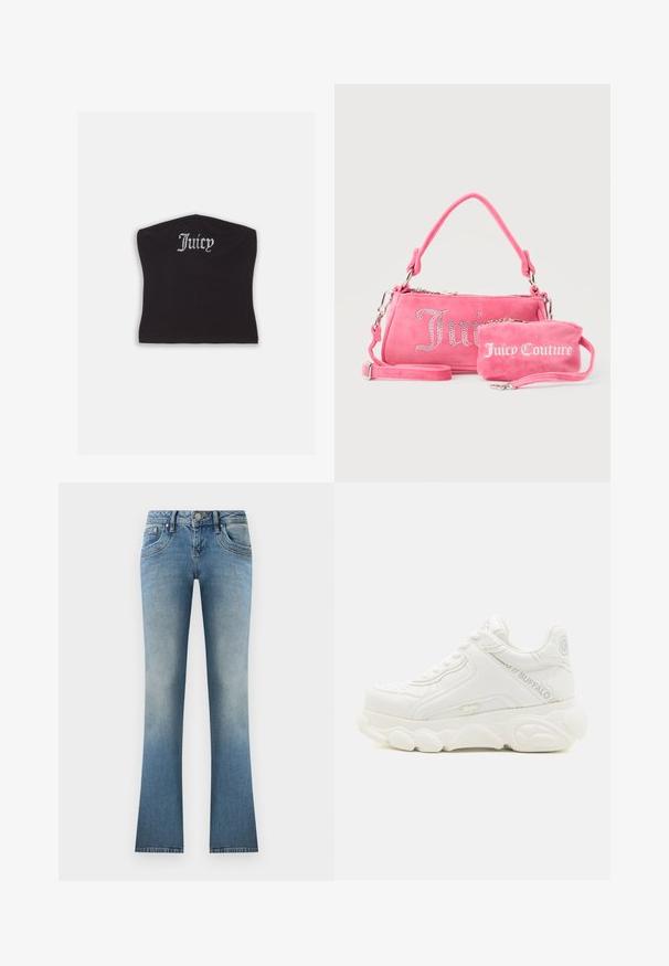 Μαύρο εφαρμοστό crop top με λεία υφή και καμπύλη λαιμόκοψη, διακοσμημένο με γράμματα από ρουμπίνια που γράφουν "Juicy" μπροστά.; Ανοιχτού μπλε τζιν παντελόνι σε φαρδιά γραμμή. Διαθέτει ξεθωριασμένο φινίρισμα, πέντε τσέπες και κλείσιμο με κουμπί, καθώς και θηλίτσες ζώνης στη μέση.; Λευκό chunky sneaker με χοντρή σόλα, σχέδιο με κορδόνια και λογότυπο "Buffalo" στο πλάι και στη φτέρνα.; Δύο ροζ τσάντες Juicy Couture, η μία μεγαλύτερη με κρυστάλλινα γράμματα και χερούλι, η άλλη μικρότερη με λευκά γράμματα και λουράκι καρπού, σε γκρι φόντο.