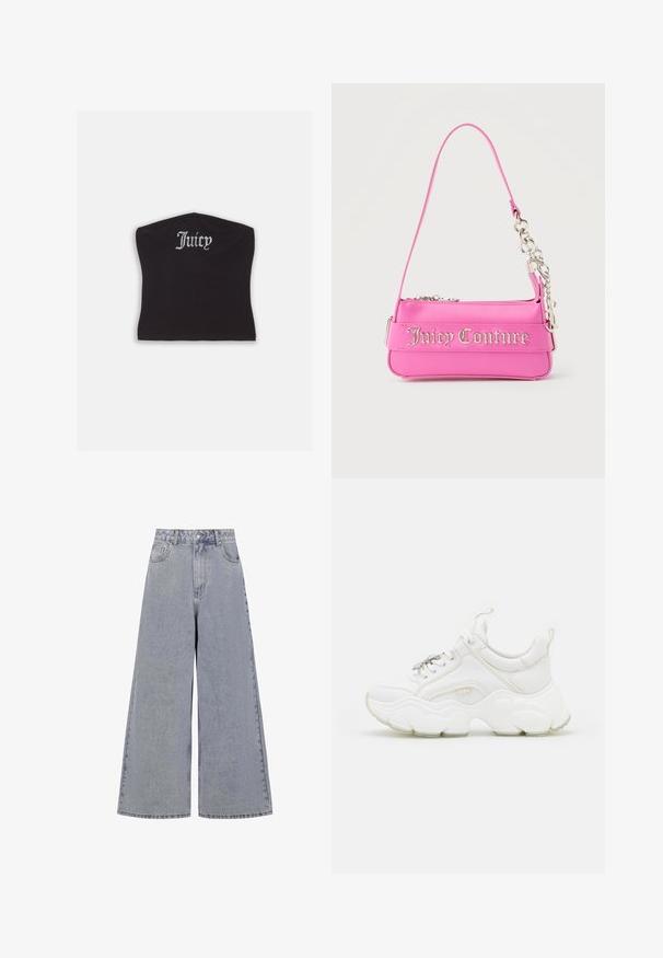 Sort tætsiddende crop top med en glat tekstur og en buet halsudskæring, udsmykket med rhinestones, der staver "Juicy" på forsiden.; Lysblå bredbenede jeans lavet af denim, med høj talje, fire lommer og en klassisk knaplukning med subtil slid.; Hvide chunky sneakers lavet af læder og mesh-materialer, med en tyk sål, rund tå og dekorative snørebånd. Let teksturerede detaljer.; Lille lys pink Juicy Couture håndtaske med sølvkædedetalje og logotekst på forsiden, enkelt smalt skulderrem.