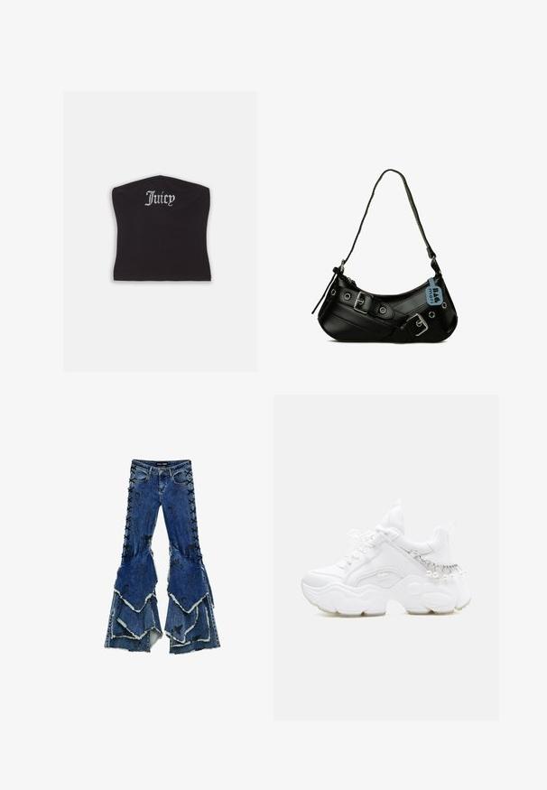 Top court noir ajusté avec une texture lisse et un décolleté arrondi, orné de lettres en strass épelant "Juicy" à l'avant.; Jean en denim bleu à pattes d'éléphant avec une conception de volants superposés, présentant des détails lacés noirs sur les côtés et des bords effilochés.; Baskets blanches épaisses avec semelle épaisse, devant à lacets et détail chaîne avec perles pendantes sur le talon.; Sac à main synthétique noir avec une forme courbée, une bandoulière réglable et des boucles décoratives en métal. Présente une texture lisse et brillante.