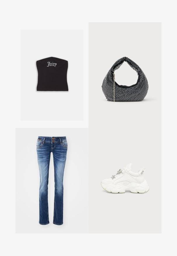 Čierny priliehavý crop top s hladkou textúrou a zakriveným výstrihom, ozdobený kamienkovým nápisom "Juicy" na prednej strane.; Džínsy s gradientom od svetlo modrej po tmavo modrú, s klasickým designom piatich vreciek, kovovými gombíkmi a strihom s rovným nohavím.; Biele masívne tenisky s hrubou štruktúrovanou podrážkou, striebornou hviezdou a motýľovými ozdobami na bielych šnúrkach a striebornými cvočkami na pätovej záložke.; Čierna sieťovaná kabelka zdobená striebornými nitmi, s obľúbenou rukoväťou a reťazovou popruhom. Mäkká textura s zaobleným tvarom.
