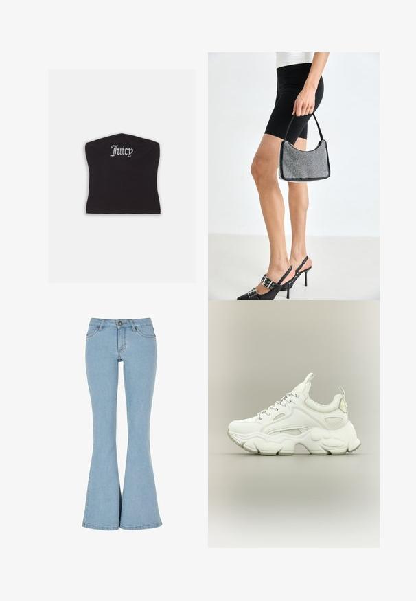 Sort tætsiddende crop top med en glat tekstur og en buet halsudskæring, udsmykket med rhinestones, der staver "Juicy" på forsiden.; Lyseblå denim bukser med flare, høj talje, fem lommer og knaplukning. Har en glat tekstur og en ren kant.; Hvid chunky sneaker med tyk struktureret sål, mesh- og læderoverdel, snørelukning og trækstropper på tunge og hæl.; Sort perlehandtaske med en buet silhuet, bærehåndtag og blank overflade. Båret med højhælede sorte sko og tætsiddende sorte shorts.