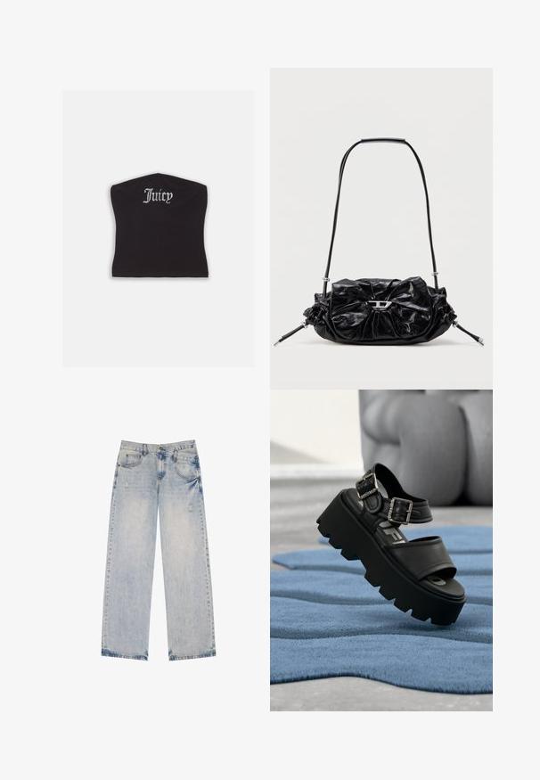 Sort tætsiddende crop top med en glat tekstur og en buet halsudskæring, udsmykket med rhinestones, der staver "Juicy" på forsiden.; Lysblå denimjeans med lige ben-design, der har slidte detaljer, fem lommer og synlige sømdetaljer.; Sort chunky platformsandal med to sølvspænder på blåt tekstureret tæppe, sløret grå skulptur i baggrunden.; Sort læderhåndtaske med et opsamlet design og sløjfedetalje foran. Har en kort hank og sølvfarvede hardware-accenter.