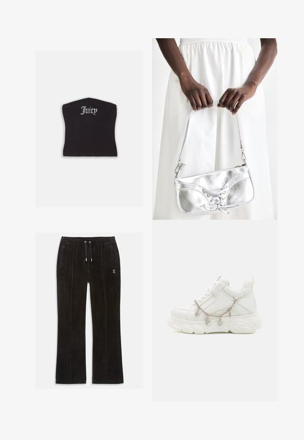 Schwarzes, eng anliegendes Crop-Top mit glatter Textur und abgerundetem Ausschnitt, verziert mit Strassbuchstaben, die "Juicy" auf der Vorderseite spell.; Schwarze Samt-Sweatpants mit weicher Textur, ausgestattet mit einem elastischen Taillenbund mit Zugband und zwei Seitentaschen. Dezentes Logo-Detail vorhanden.; Weiße Sneakers mit dicker Sohle, strukturiertem Obermaterial aus Leder und dekorativer Metallkette mit Anhängern. Sie verfügen über eine Schnürung und einen gepolsterten Kragen.; Silberne metallische Handtasche mit Schnürdetail, die ein elegantes Design und einen kurzen Tragegurt aufweist. Die Tasche wird in den Händen gehalten und zeigt ihre Textur.