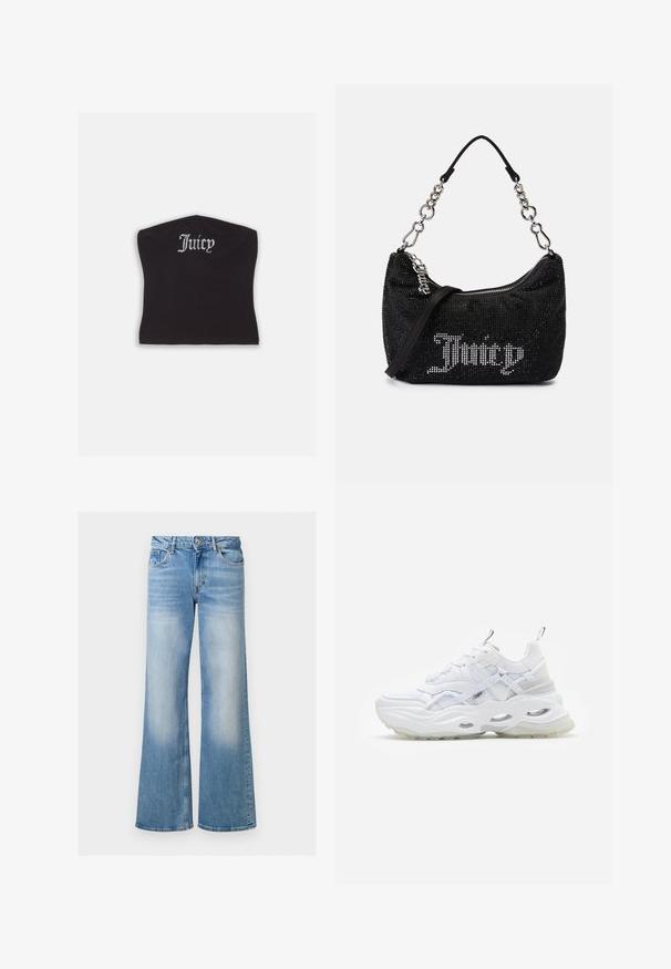 Top corto negro ajustado con una textura suave y un escote curvado, decorado con letras de strass que dicen "Juicy" en la parte frontal.; Jeans de mezclilla azul claro acampanados con una textura desteñida, cintura alta y diseño de cinco bolsillos, con cierre de botón y cremallera.; Zapatilla blanca con suela gruesa, parte superior de malla y sintético en capas, con acentos estampados, sistema de cordones y tira de agarre.; Bolso negro con adornos de strass, de forma curvada y con un asa de cadena plateada. Presenta un zipper y el logo "Juicy" en blanco.