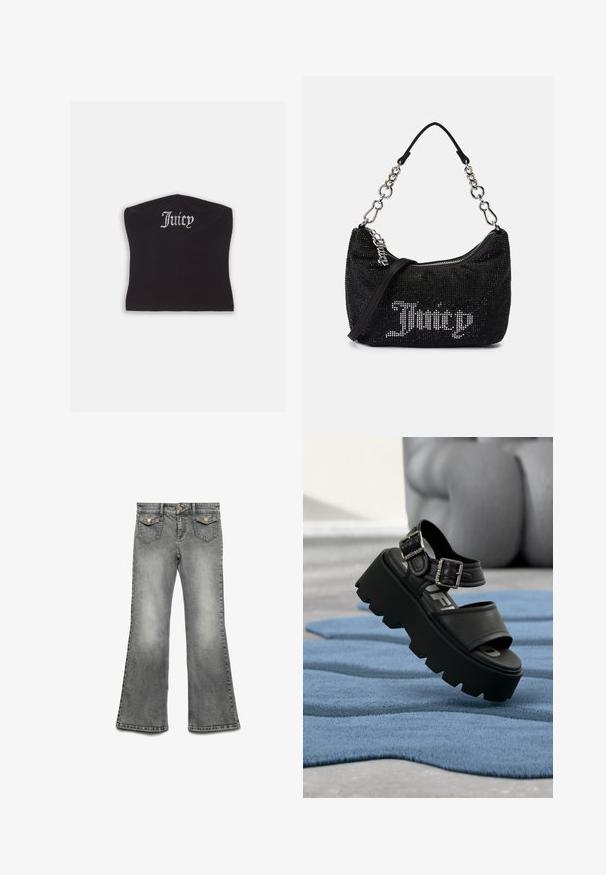 Zwarte fitted crop top met een gladde textuur en een ronde halslijn, versierd met strasstenen letters die "Juicy" op de voorkant spellen.; Grijze spijkerbroek met flair, voorzien van een vervaagde wassing, vijf-pocket ontwerp en contrasterende gouden hardware. Rechte tailleband met knoopsluiting.; Zwarte chunky platform sandaal met twee zilveren gespen op een blauw gestructureerd tapijt, op de achtergrond een wazige grijze sculptuur.; Zwarte tas met rhinestone versieringen, een gebogen vorm en een zilveren kettinghandvat. Voorzien van een rits en het "Juicy" logo in het wit.